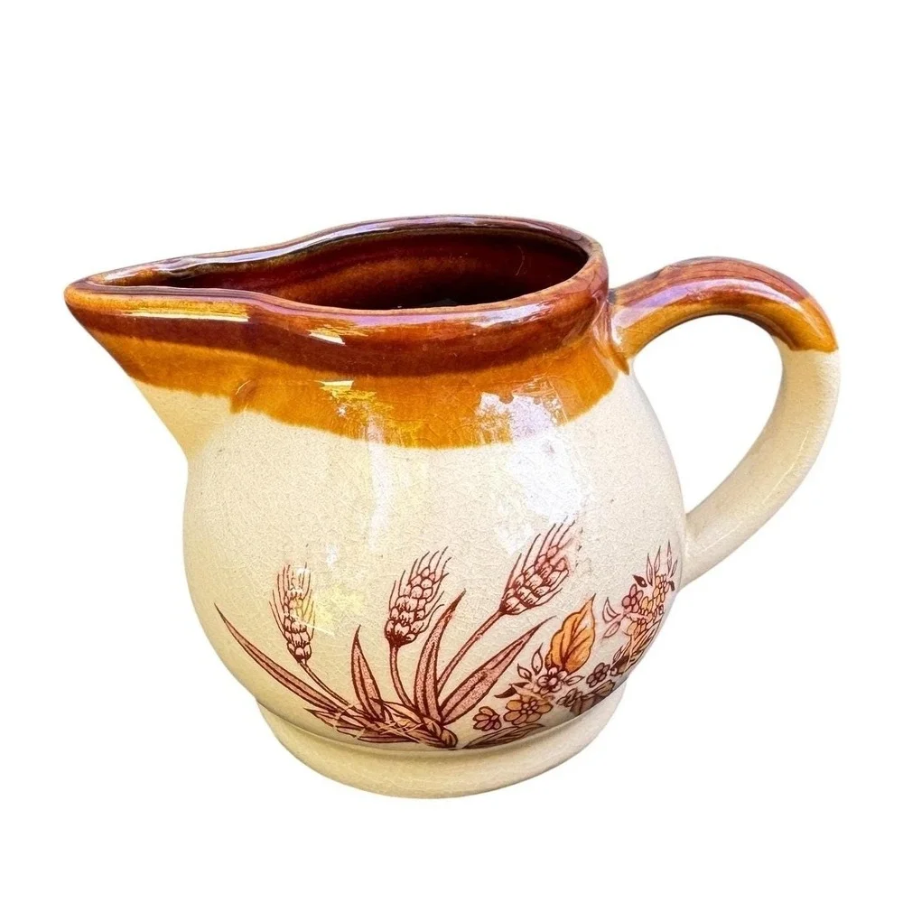 Vintage Stoneware Tea Set Wheat Pattern Teapot Creamer‎ Sugar 4 Mugs Brown Tan